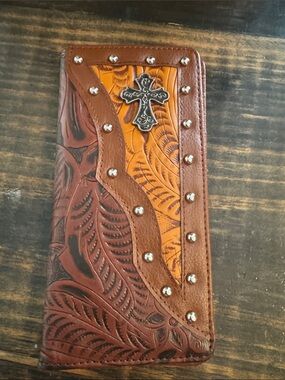 Embossed Brown & Tan Leather Key and Card Holder with Cross Accent